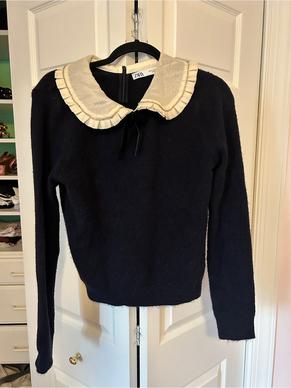 Zara Navy Sweater with Cream Ruffled Peter Pan Collar